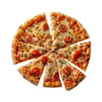 Pizza on wooden board top view on transparent background png