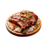 Stewed pork leg on rice on wood board top view on transparent background png