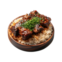 Stewed pork leg on rice on wood board top view on transparent background png