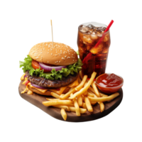 Fast food board with hamburger french fries on transparent background png