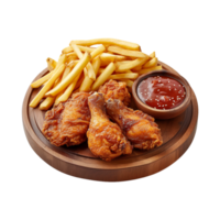 Fried chicken with french fries on a wooden board top view on transparent background png