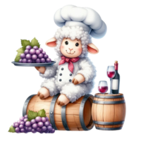 sheep chef holding a wine barrel with grapes and a chef hat png