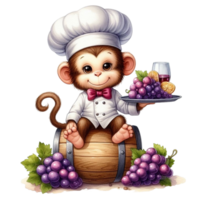 monkey chef holding a glass of wine and grapes png