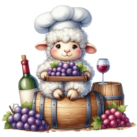 sheep chef holding a wine barrel with grapes and a chef hat png