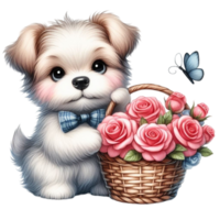 Hund mit Blumen im ein Korb png