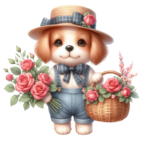 dog with flowers in a basket png