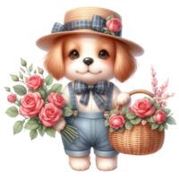 Hund mit Blumen im ein Korb png