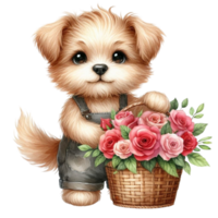 cachorro com flores dentro uma cesta png