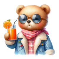 bear wearing glasses and a hat holding an orange juice png