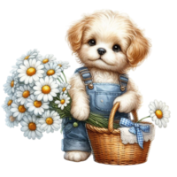 cachorro com flores dentro uma cesta png