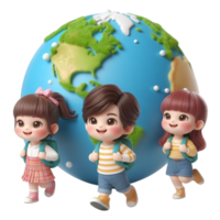 three children with backpacks are walking around the earth png