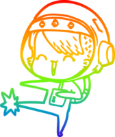 rainbow gradient line drawing of a happy cartoon space girl kicking png