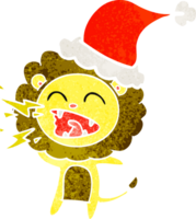 main tiré rétro dessin animé de une rugissement Lion portant Père Noël chapeau png