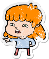 distressed sticker of a cartoon worried woman png