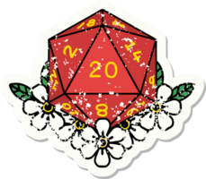 grunge sticker of a natural 20 D20 dice roll with floral elements png