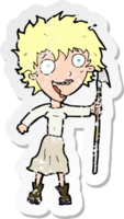 retro distressed sticker of a cartoon crazy woman with spear png
