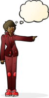 mulher de desenho animado na jaqueta de couro apontando com balão de pensamento png