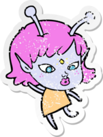 distressed sticker of a pretty cartoon alien girl dancing png