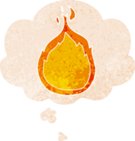 cartoon flames and thought bubble in retro textured style png