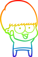 rainbow gradient line drawing of a happy cartoon boy waving png