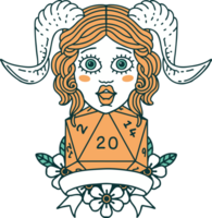 Retro Tattoo Style tiefling with natural twenty dice roll png