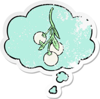 cartoon mistletoe with thought bubble as a distressed worn sticker png