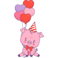 Cute pig in birthday cap with balloons png