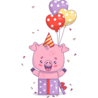 Cute pig in birthday cap in gift box with balloons png