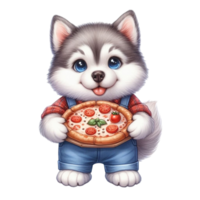 husky puppy eating pizza png