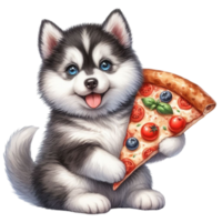 husky puppy eating pizza png