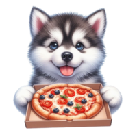 husky puppy eating pizza png