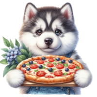 husky puppy eating pizza png