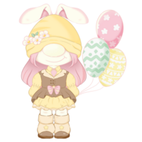 a gnome girl wearing a bunny hat and holding balloons. png