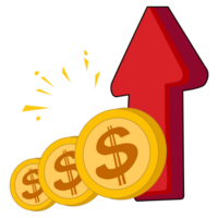 3d Red up arrow and coin stacks. Financial success and growth concept. png