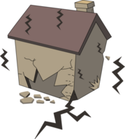 Earthquake. Damaged house in ground. Destruction with cracks and damages on buildings. png