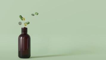 A dynamic composition with herbal pills and a plant sprouting from a bottle, illustrating the natural essence of homeopathic remedies. Copy space for text. Alternative medicine. 3D animation video