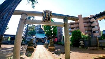 santuario Entrada torii portón y Acercarse a hikawadai suwa santuario, un santuario situado en hikawadai, nerima pabellón, tokio, Japón eso estaba fundado en el edo período y tiene estado venerado como un santuario foto