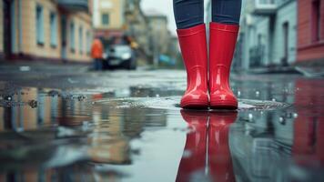 un mujer vistiendo rojo lluvia botas soportes en un mojado acera foto