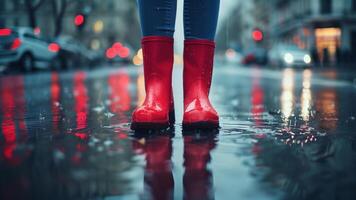 un mujer vistiendo rojo lluvia botas soportes en un mojado acera foto