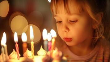 linda pequeño niña soplo fuera velas en cumpleaños pastel, de cerca foto