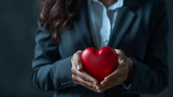 mujer de negocios participación rojo corazón en su manos, san valentin día concepto foto