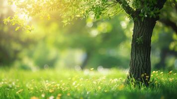 Beautiful spring nature background with sun rays and bokeh. photo