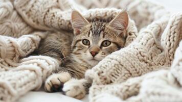 Cute little kitten lying on soft blanket, closeup. Adorable pet photo