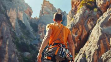 a man equipped with climbing gear, standing before a towering rock in the mountains photo