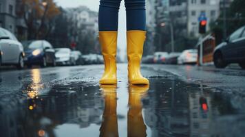 a woman wearing yellow rain boots stands on a wet sidewalk photo