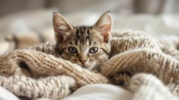 Cute little kitten lying on soft blanket, closeup. Adorable pet photo