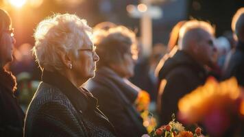 Capture the solemnity of a memorial service, with friends and family paying their respects to a loved one photo
