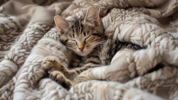 Cute little kitten lying on soft blanket, closeup. Adorable pet photo