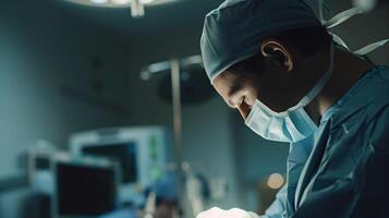 Team surgeon at work in operating room. Group of surgeons in operating room with surgery equipment. photo