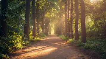 Mañana en el bosque. luz de sol mediante el arboles hermosa paisaje foto